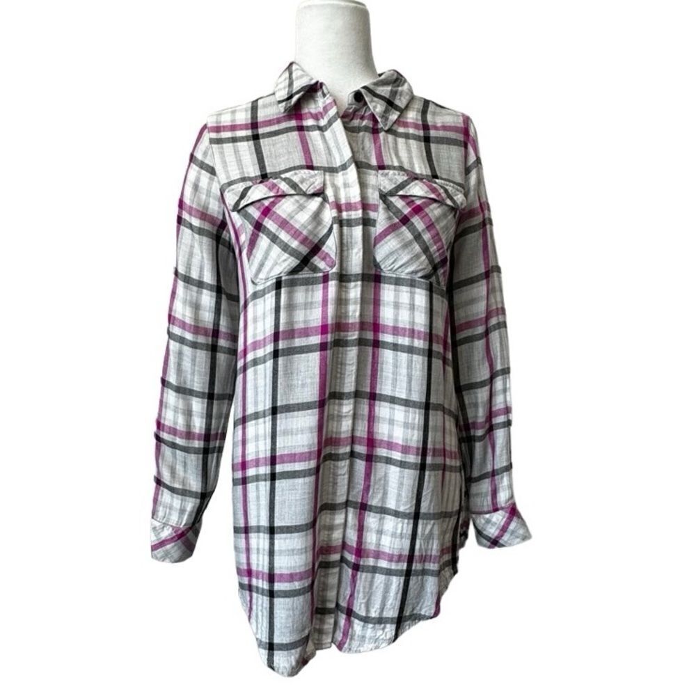 Vince Camuto Plaid Boyfriend Shirt Plaid High Low Long Sleeve SZ XS